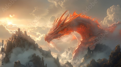 A Majestic Red Dragon Soaring Over Dramatic Mountainous Landscape at Sunset