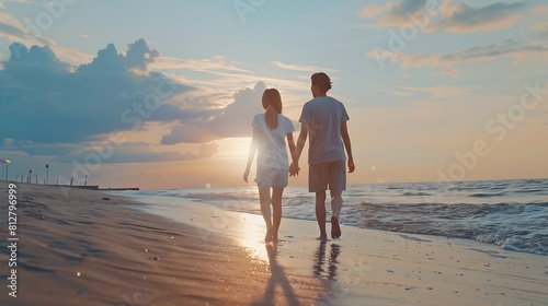 Full body back view young lovely couple two friends family man woman in casual clothes hold hands walking stroll together at sunrise over sea beach ocean outdoor exotic seaside in summ   Generative AI