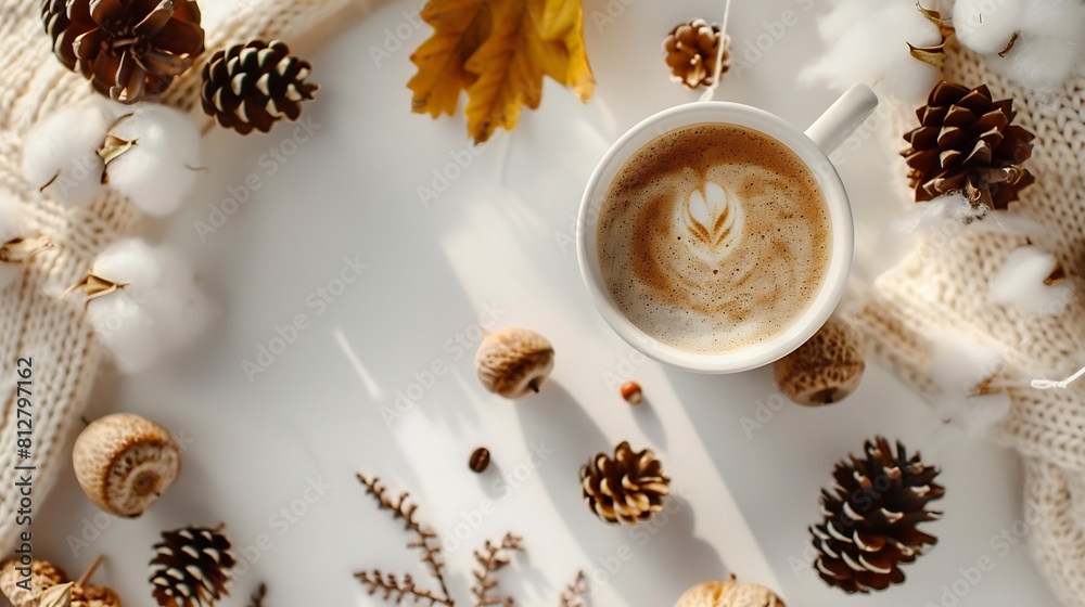 Autumn composition Cotton cup of coffee pine cones acorns cotton on white background Autumn fall concept Flat lay top view : Generative AI Autumn composition Cotton cup of coffee pine cones acorns cotton on white background Autumn fall concept Flat lay top view : Generative AI