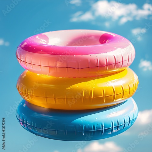 Bright and Colorful Stack of Inner Tubes, Set Against a Sky Background