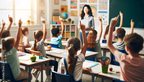 A group of elementary school students sitting at their desks, all raising their hands eagerly to answer a question