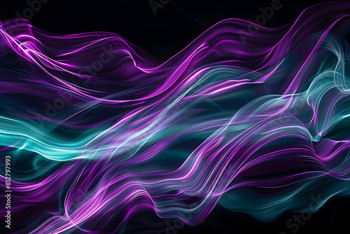 Neon waves in purple and teal hues. Dreamy artwork on black background.