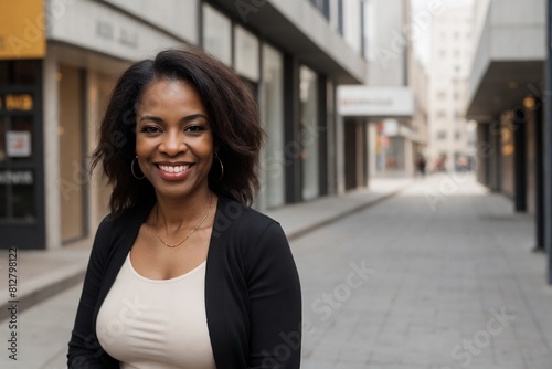 An attractive middle-aged black woman in a city street, smiling and looking at the camera with copy space.
