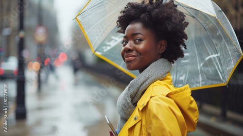 Woman with Yellow Raincoat Smiling photo