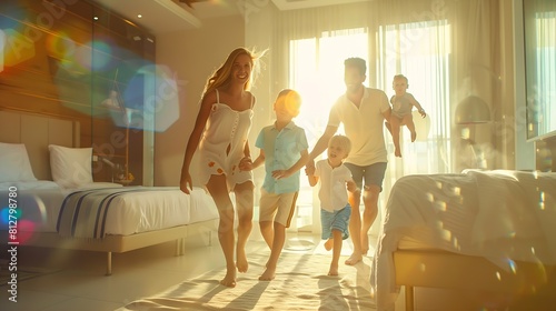 Happy young family with two children enetring room at luxury hotel summer holiday : Generative AI photo