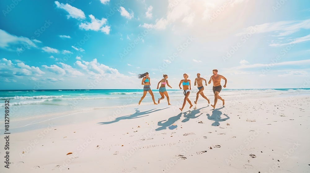 Group of friends running having fun on the white sand beach amid the blue sky Concept of Summer sea and beach : Generative AI Group of friends running having fun on the white sand beach amid the blue sky Concept of Summer sea and beach : Generative AI