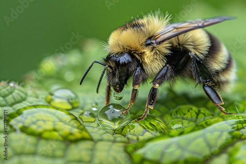 Close-up Bumblebee Drinking from Dewdrops on Leafy Plant
