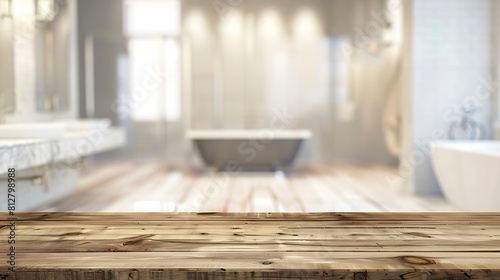 Blurred bathroom background and wood table top can be used mock up for montage products display or design layout : Generative AI
