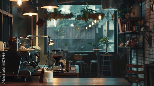 The layout in a dark loft style opens up inside the cafes welcome to open coffee shop background : Generative AI