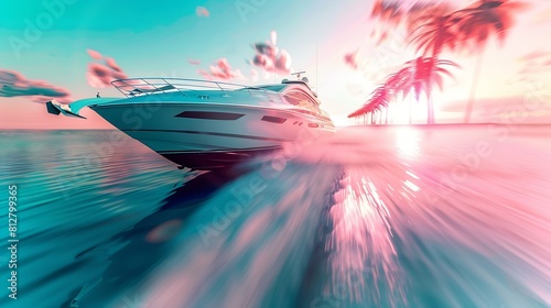Summer vacation concept on a speed yacht boat with palm trees Summer holidays on a luxury yacht enjoying summer vacation on a boat in the sea summer vacation with a speed boat yacht : Generative AI photo