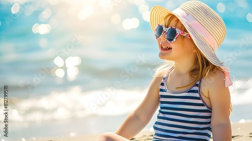 Pretty little girl in a striped dress and hat relaxing on the beach near sea summer vacation travel concept smiling cute little girl on beach vacation Baby girl in hat and sun glasses : Generative AI