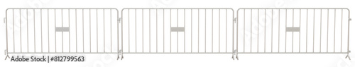 3D render showcases a lightweight, pre-galvanized steel barricade (no background) with welded, fixed feet for stability. Ideal for temporary crowd control solutions in construction or event settings.