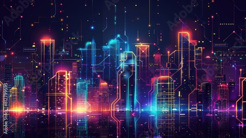 Futuristic city building. High neon cityscape, abstract night downtown panorama. Digital smart town AI generated