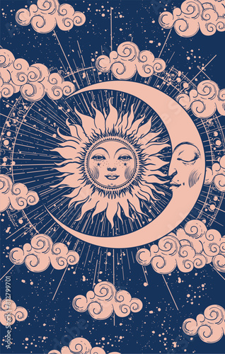  elestial astrology banner with sun and moon with face, vector esoteric poster of zodiac, horoscope, tarot. Creation of the Universe with clouds, stars and sun. photo
