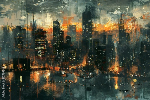 Abstract expressionist art style , the picture shows a night view of new york