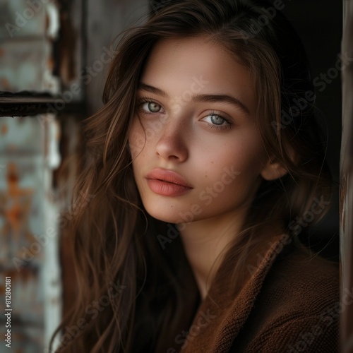 Young woman with long brown hair and blue eyes looking out of the window, contemplating the beauty of nature and dreaming