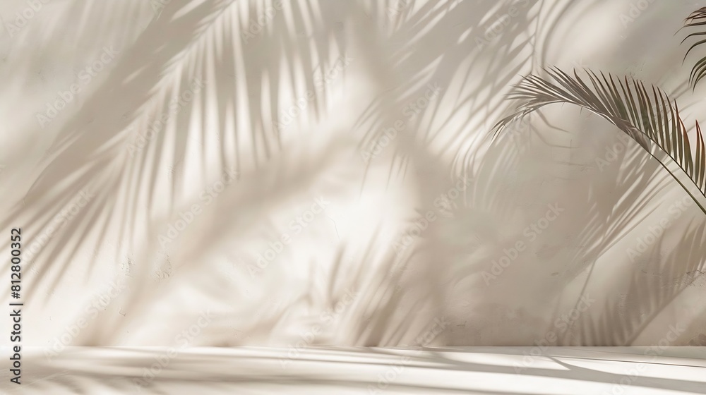 Minimal product placement background with palm shadow on plaster wall Luxury summer architecture interior aesthetic Creative boho concept home product platform stage mockup : Generative AI