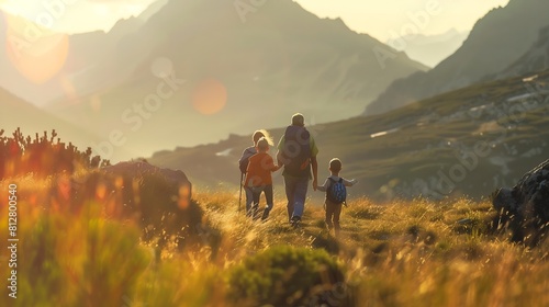 Family with small children hiking outdoors in summer nature walking in High Tatras : Generative AI photo