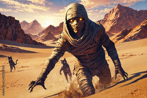 A man in a mummy costume is running through the desert with two cats behind him