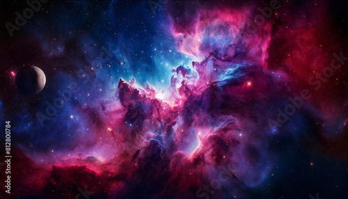 A stunning cosmic vista in a wide format  depicting a nebula with vibrant interstellar clouds of gas and dust. The colors are a mix of deep purples