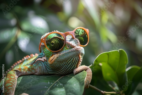 Whimsical image of a colorful chameleon with fashionable sunglasses perched on a green leaf