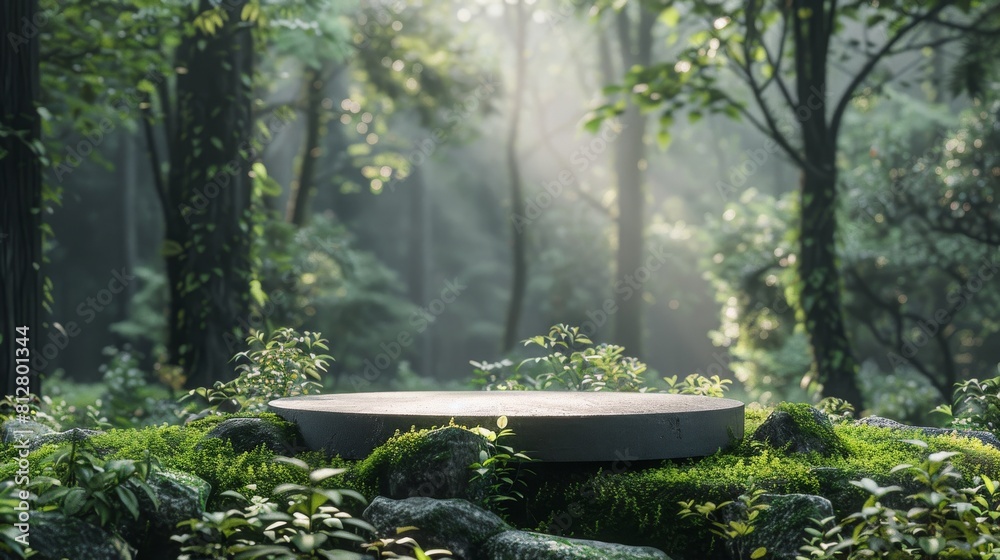 A stone circle is surrounded by moss and plants in a forest A stone circle is surrounded by moss and plants in a forest