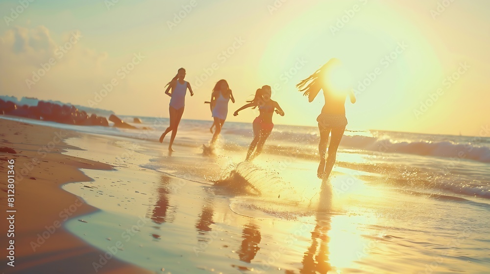 Fototapeta premium Happy young friends runs to sunset sea beach Tropical vacations concept : Generative AI