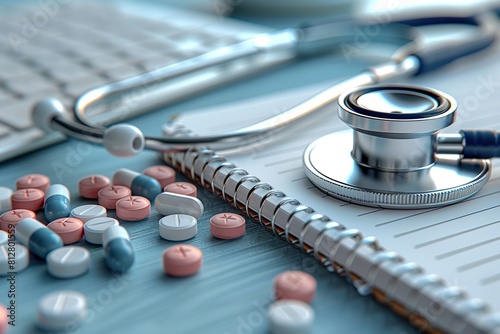 Illustrate a medical concept with a vector graphic of a stethoscope laid alongside multiple pills on an open spiral notebook photo