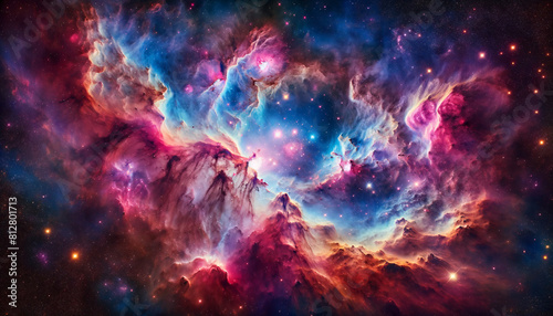 Expansive nebula scene, featuring a cosmic landscape filled with intense colors. The nebula is rich in pinks, blues, and purples