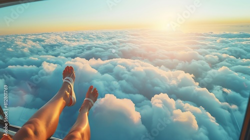 Summer road trip car vacation concept Woman legs out the windows in car above the clouds Conceptual freedom travel and holidays image with copy space : Generative AI photo