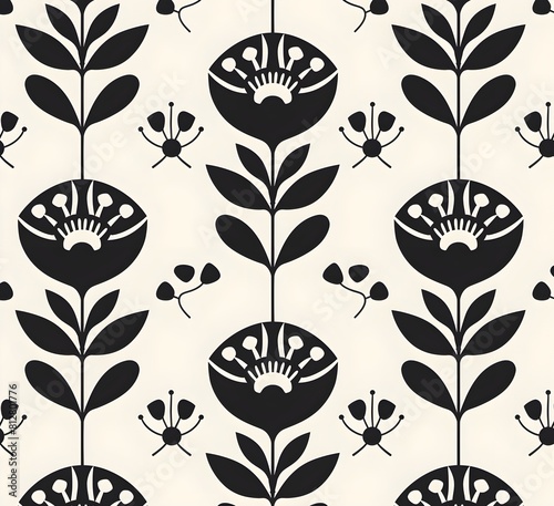 seamless pattern of black and white retro Scandinavian geometric flowers
