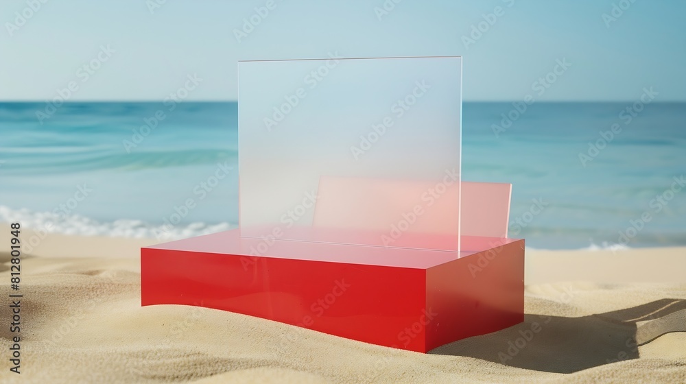 Transparent geometric shaped acrylic sheets displayed with rectangle red podium on the beach sand Empty space on podium to show your product : Generative AI
