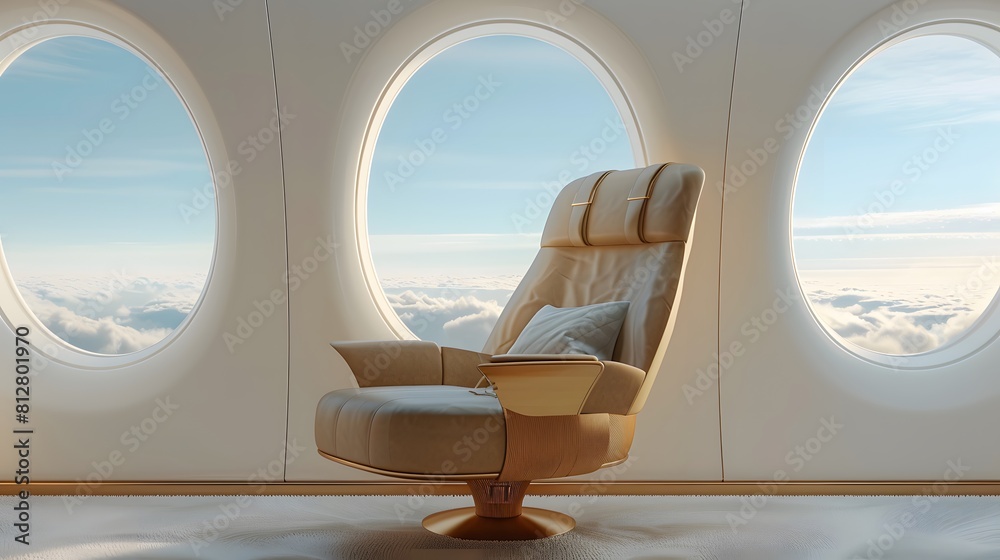 Fototapeta premium Luxurious first class seat on an airplane with large windows, offering panoramic views of the sky and clouds during flight.