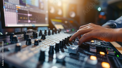 Selective focus of Asian male editors hand reaching to adjust the sound of an audio mixer while sitting at desk working on a blurred computer with live stream editing during broadcasti : Generative AI