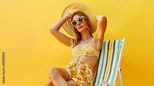 Young calm woman wear summer clothes sit in deckchair hold hands behind neck isolated on plain yellow background Tourist travel abroad in free spare time rest getaway Air flight trip j : Generative AI #812801992