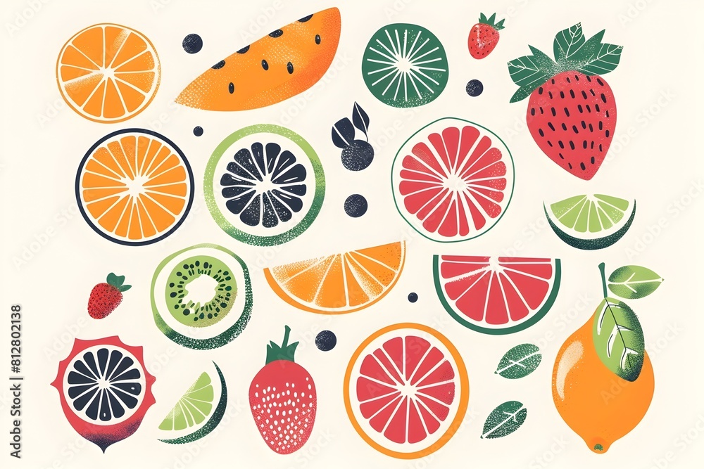 Vibrant Flat Fruit Motif with Geometric Designs for Healthy Lifestyle Concepts Vibrant Flat Fruit Motif with Geometric Designs for Healthy Lifestyle Concepts