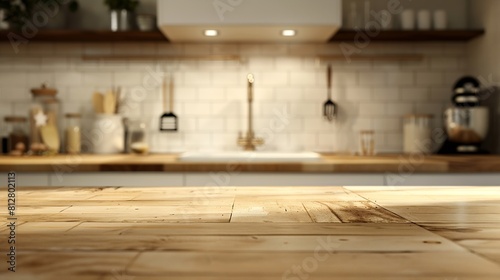 Wood table top on blur kitchen counter room background For montage product display or design key visual layout   Generative AI