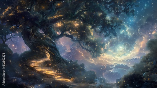 A mystical tree with glowing leaves stands in a surreal landscape. The tree is surrounded by a sea of stars and a river of light.