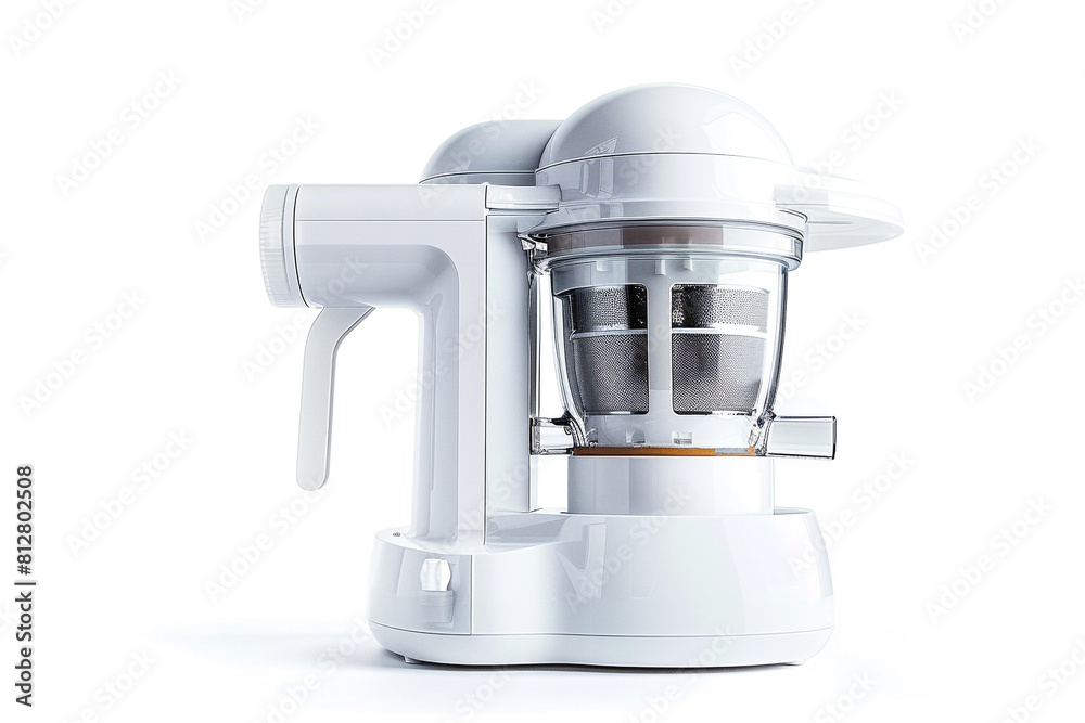 An elegant white juicer with a vertical design and a BPA-free juice collector isolated on a solid white background. An elegant white juicer with a vertical design and a BPA-free juice collector isolated on a solid white background.