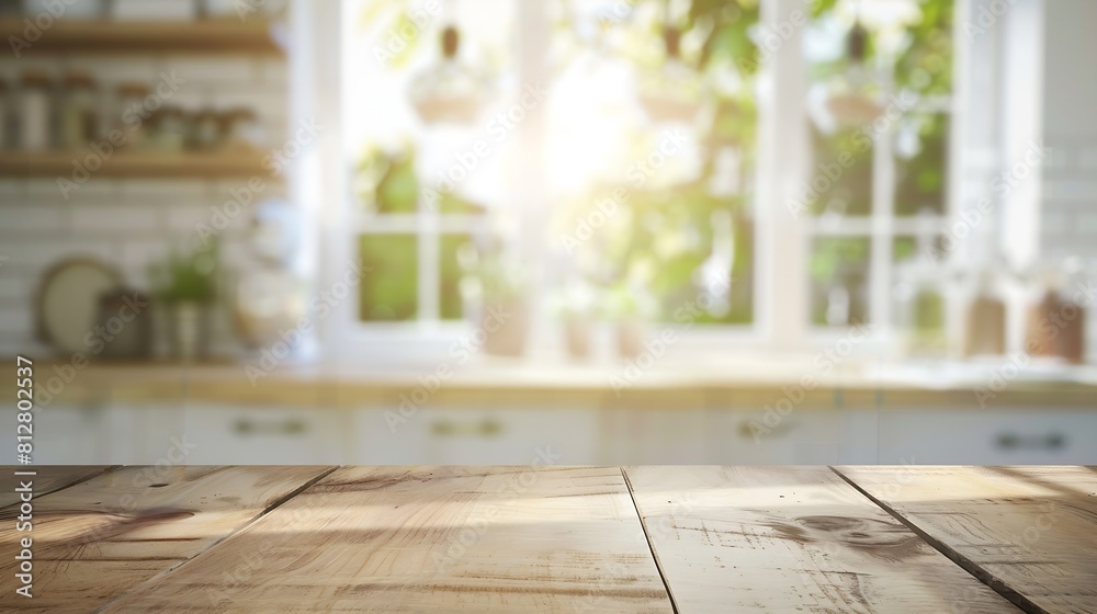 Wood table top on blur kitchen counter with window roombackgroundFor montage product display or design key visual layout : Generative AI Wood table top on blur kitchen counter with window roombackgroundFor montage product display or design key visual layout : Generative AI