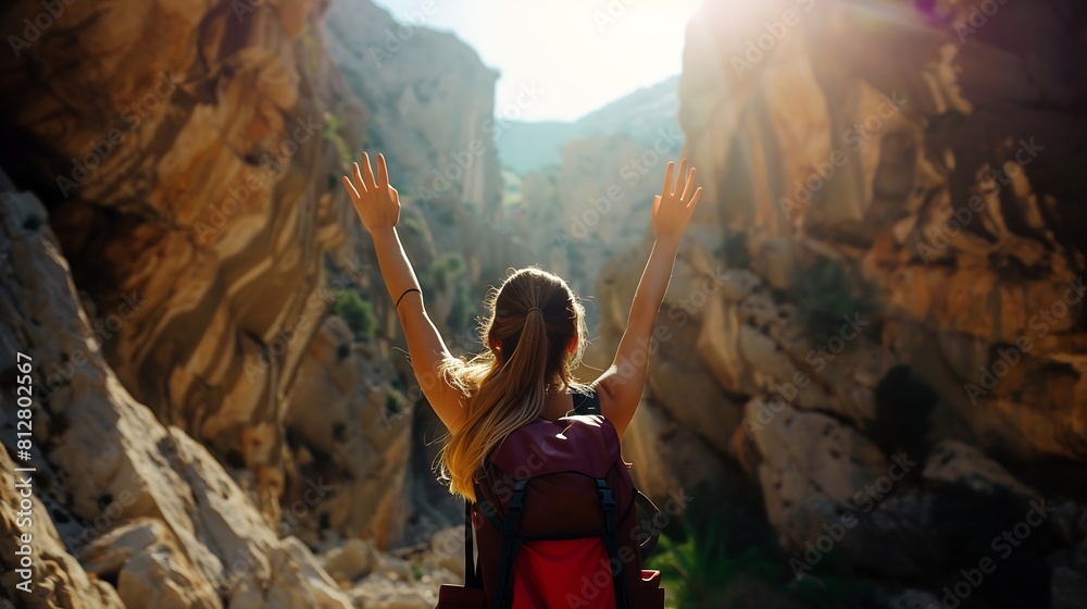 Obraz premium Woman outdoor exploring Tazi canyon in Turkey travel lifestyle hiking in mountains girl hiker raised hands active summer vacations backpacking : Generative AI