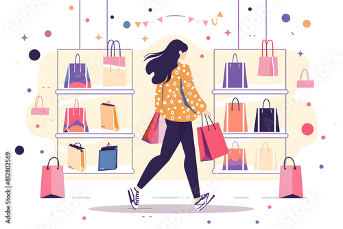 Woman Shopping in Modern Retail Store with Shelves and Bags