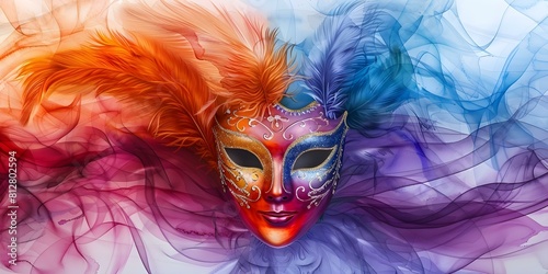 Colorful Mardi Gras Carnival Mask with Feathers in a Watercolor Painting. Concept Mardi Gras Festival, Carnival Masks, Feathers, Watercolor Painting, Colorful Art photo