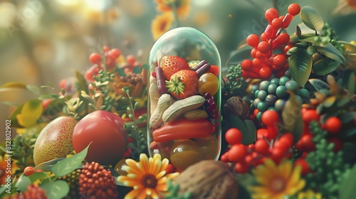 An HD image showcasing a capsule brimming with a colorful assortment of fruits, vegetables, nuts, and beans, symbolizing the synthesis of nature's goodness in a convenient form