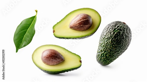 Fresh Avocado Delight: Vibrant Green Fruits and Leaves Isolated on White Background
