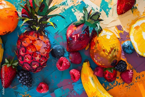 Vibrant Expressionistic Fruit Medley Composition in Playful Neo Expressionist Painting Style photo