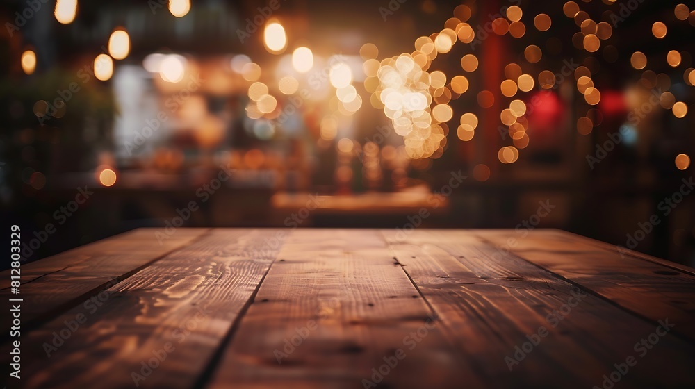 Empty dark wooden table in front of restaurant abstract blurred bokeh background can be used to demonstrate or mount your products Layout for space : Generative AI