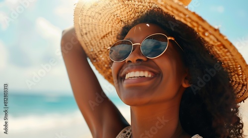 Travel summer and portrait of black woman at beach on holiday vacation and weekend by ocean Happy lifestyle nature and excited girl laugh relaxing and enjoying adventure freedom and fu : Generative AI © Generative AI