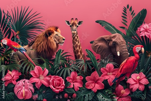 Large group of African safari animals. Jungle  tropical illustration. Lion  parrots  giraffe  zebra  elephant  palm trees  flowers