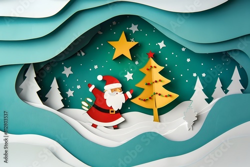 Christmas Papercut Style Santa Snow Covered Winter Landscape with Vibrant Tree and Sparkling Stars